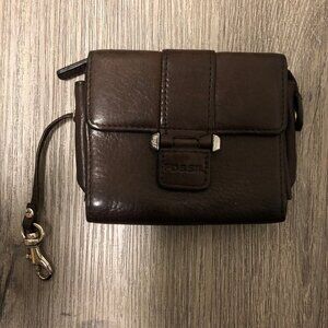 Fossil Genuine Leather Wallet Chocolate Brown Wristlet Keyring Keychain ID